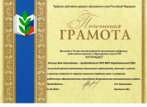 Почётная грамота за высокий уровень организации социального партнерства, активное участие в решении вопросов по защите социально-трудовых прав и интересов работников образовательных учреждений Острогожского муниципального района.